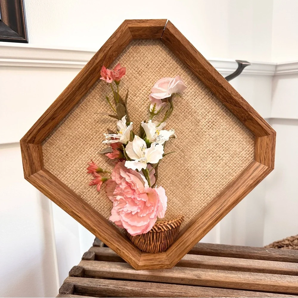 Vintage 3D Flower Wall Art Hexagonal Wooden Frame Pink White Floral Arrangement